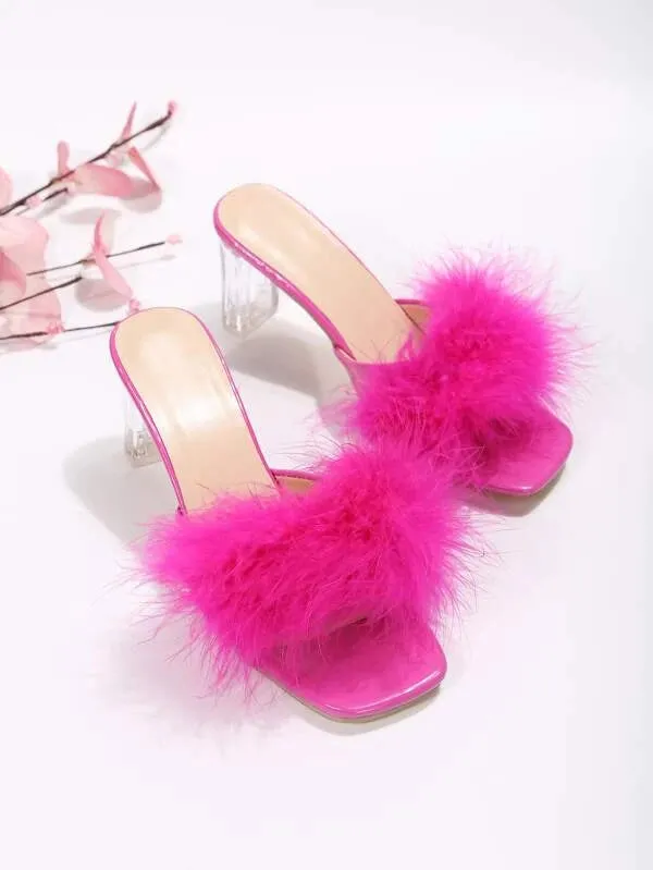 CM-SHS443899 Women Trendy Seoul Style Fuzzy Panel Clear Chunky Heeled Mule Sandals - Hot Pink