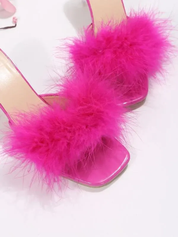 CM-SHS443899 Women Trendy Seoul Style Fuzzy Panel Clear Chunky Heeled Mule Sandals - Hot Pink