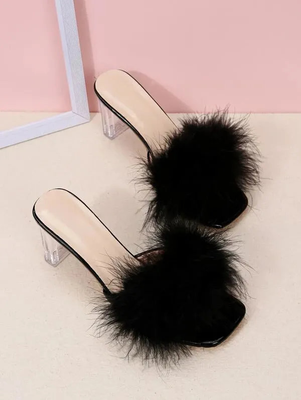 CM-SHS468637 Women Trendy Seoul Style Fuzzy Panel Clear Chunky Heeled Mule Sandals - Black