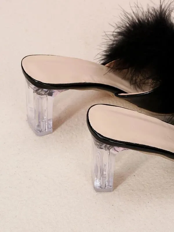 CM-SHS468637 Women Trendy Seoul Style Fuzzy Panel Clear Chunky Heeled Mule Sandals - Black