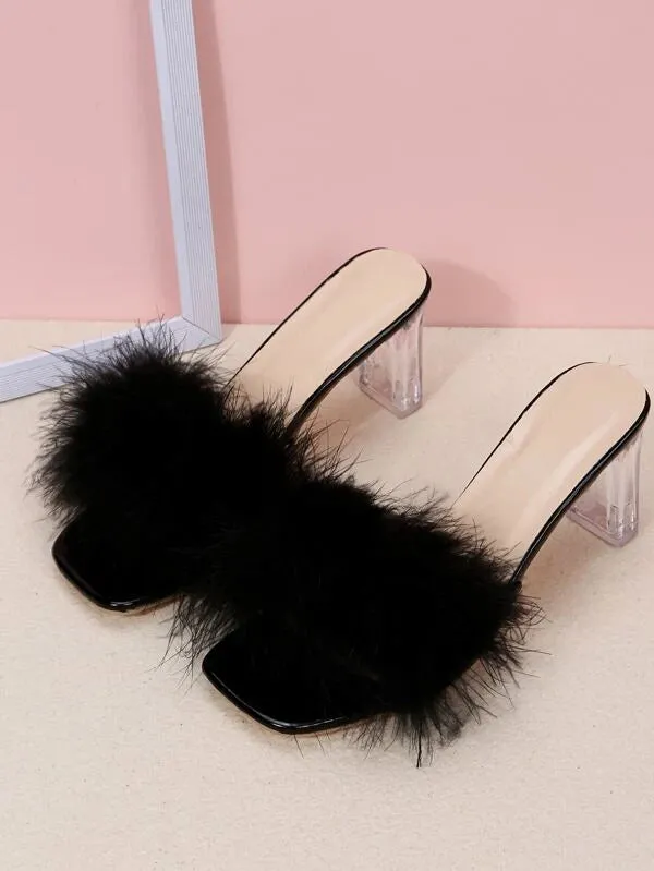 CM-SHS468637 Women Trendy Seoul Style Fuzzy Panel Clear Chunky Heeled Mule Sandals - Black