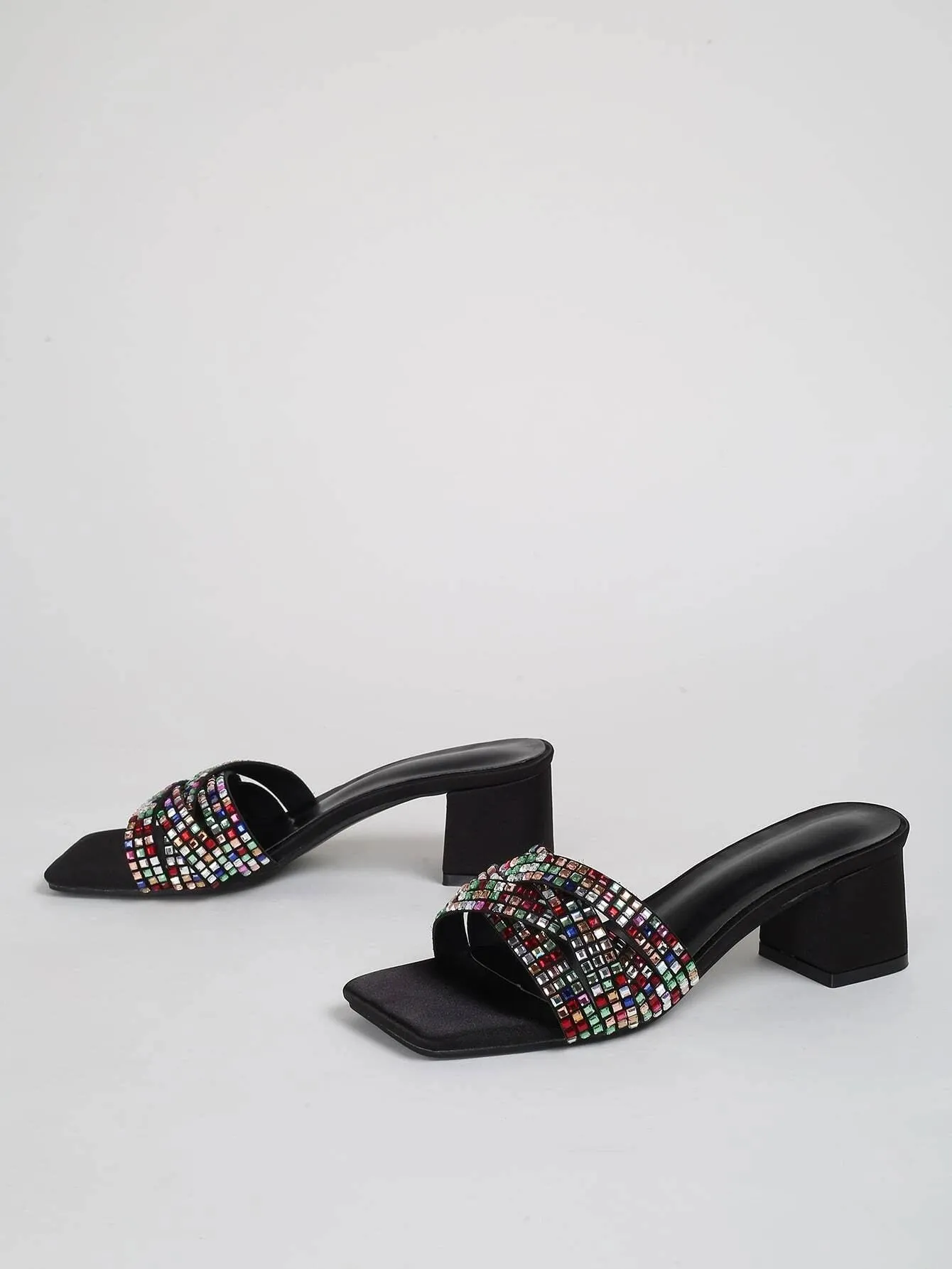 CM-SHS633303 Women Trendy Seoul Style Rhinestone Criss Cross Chunky Heeled Mule Sandals