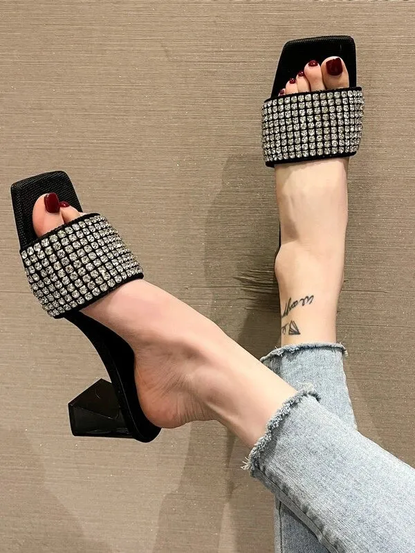 CM-SHS677006 Women Trendy Seoul Style Rhinestone Decor Chunky Heeled Mule Sandals