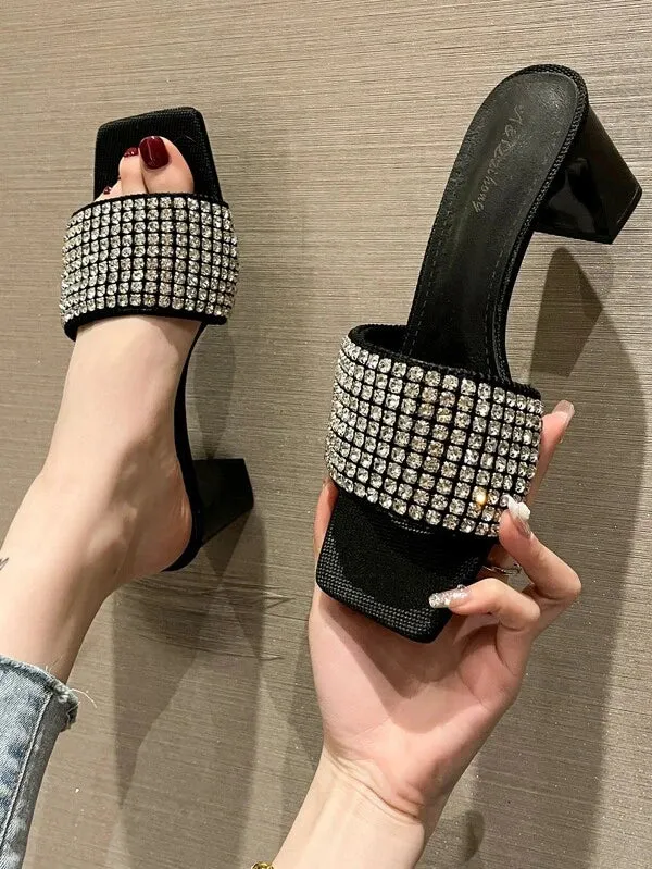CM-SHS677006 Women Trendy Seoul Style Rhinestone Decor Chunky Heeled Mule Sandals