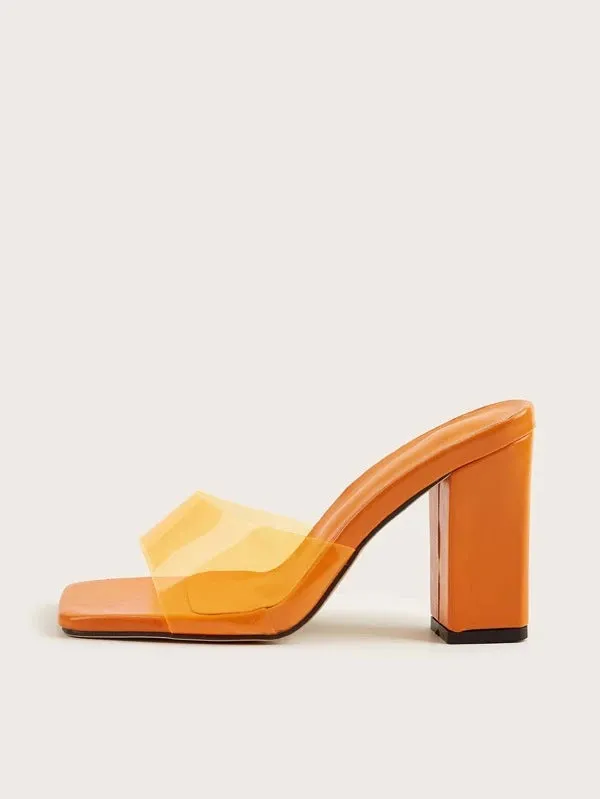 CM-SHS866368 Women Trendy Seoul Style Minimalist Chunky Heeled Mule Sandals - Orange
