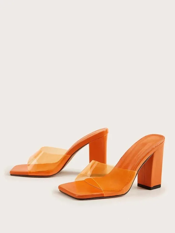 CM-SHS866368 Women Trendy Seoul Style Minimalist Chunky Heeled Mule Sandals - Orange