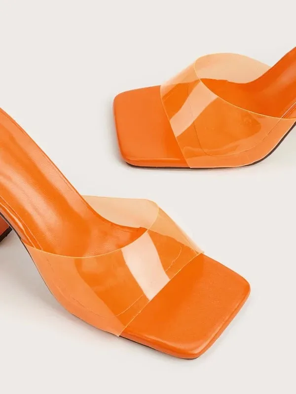 CM-SHS866368 Women Trendy Seoul Style Minimalist Chunky Heeled Mule Sandals - Orange