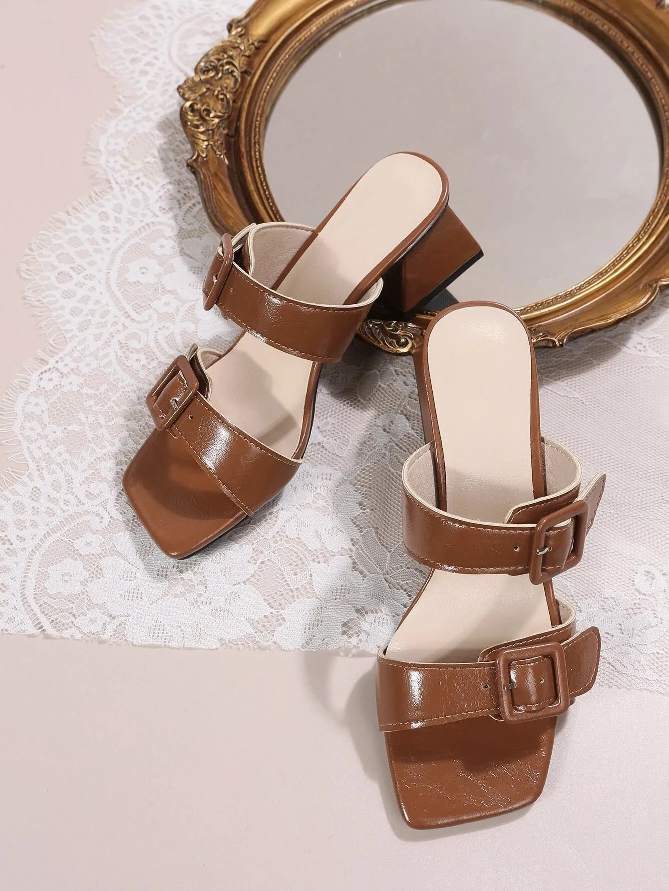 CM-SHS952059 Women Trendy Seoul Style Buckle Chunky Heeled Mule Sandals - Rust Brown