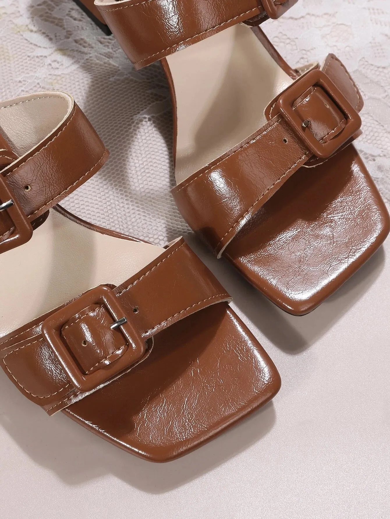 CM-SHS952059 Women Trendy Seoul Style Buckle Chunky Heeled Mule Sandals - Rust Brown