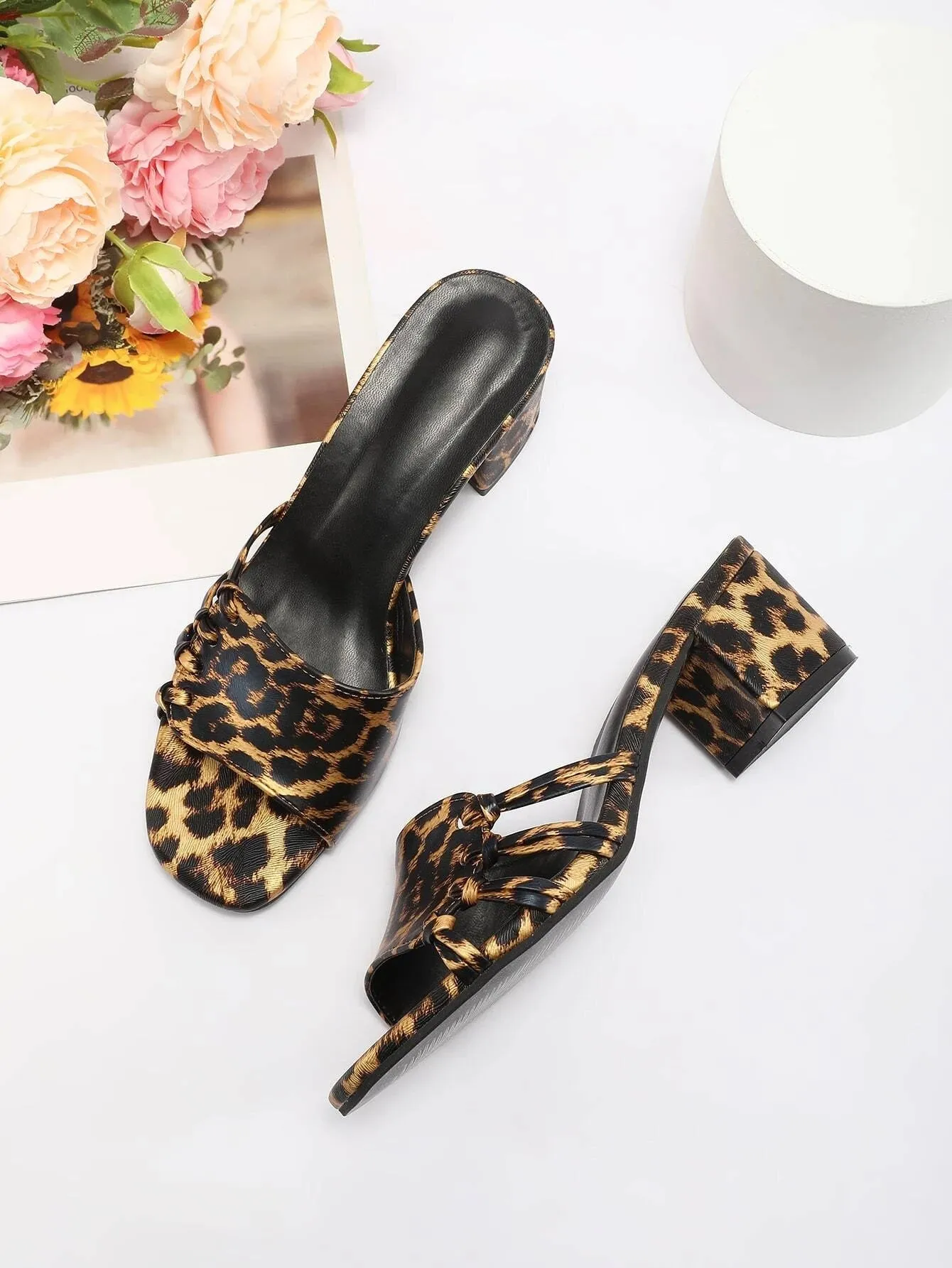 CM-SHS987704 Women Trendy Seoul Style Leopard Print Chunky Heeled Mule Sandals