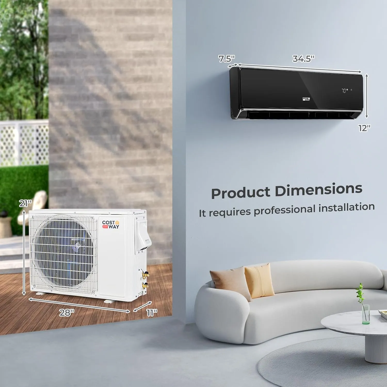 COSTWAY 12000 BTU Wifi Enabled Mini Split Air Conditioner & Heater, 22 SEER2 208-230V Inverter AC Unit Cools up to 750 Sq. Ft, Energy Efficient, Heat Pump (Black, 12000BTU, 208-230V, 22 SEER2-WIFI)