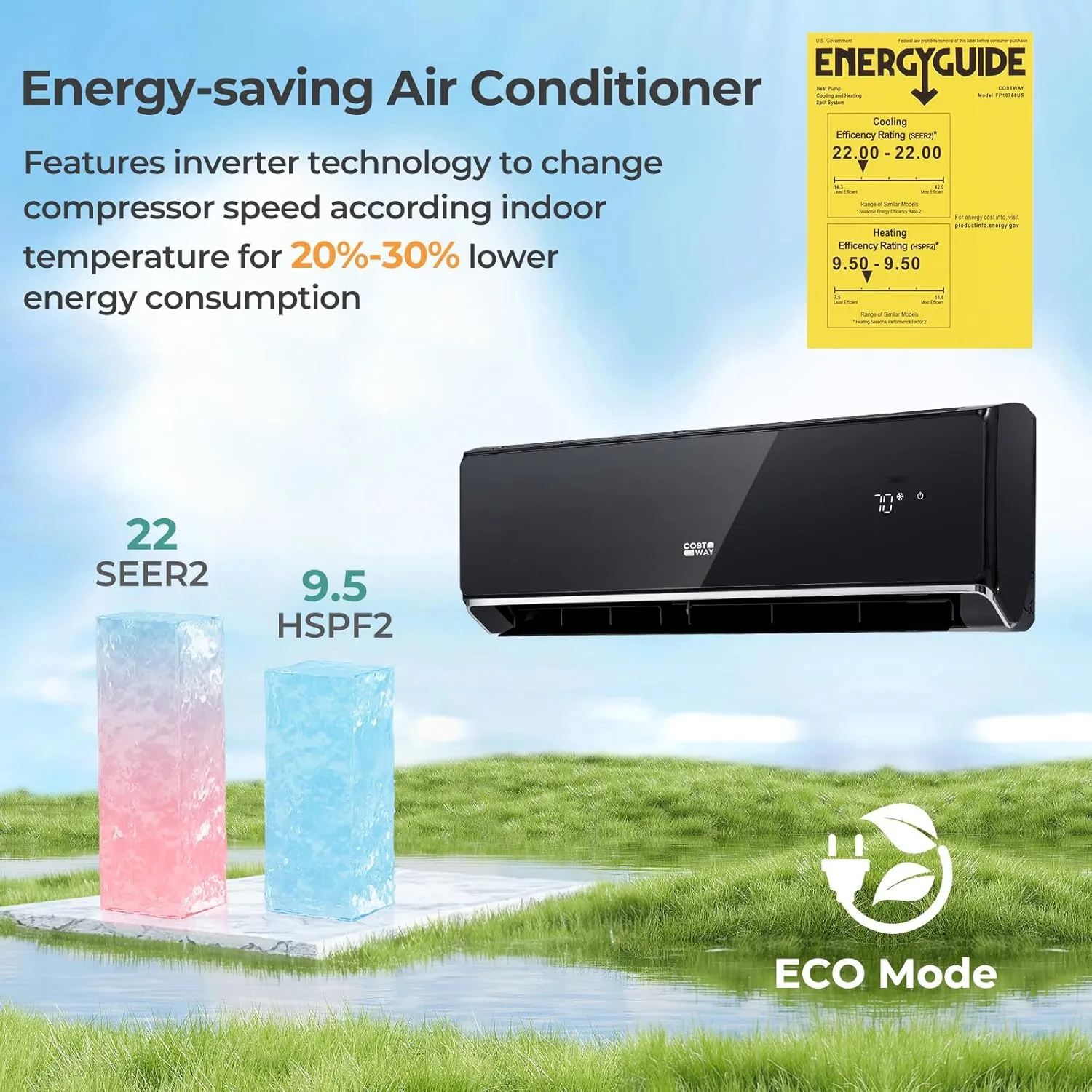 COSTWAY 12000 BTU Wifi Enabled Mini Split Air Conditioner & Heater, 22 SEER2 208-230V Inverter AC Unit Cools up to 750 Sq. Ft, Energy Efficient, Heat Pump (Black, 12000BTU, 208-230V, 22 SEER2-WIFI)