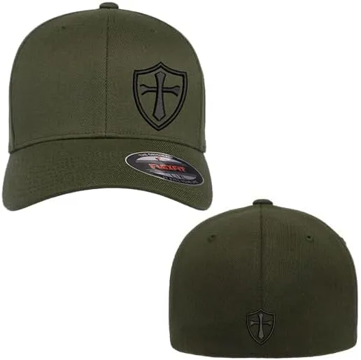 Crusader Cross Military Logo Front and Back Embroidered Flexfit Hat Black Grey Navy Red Olive Royal Blue Curved or Flat Brim