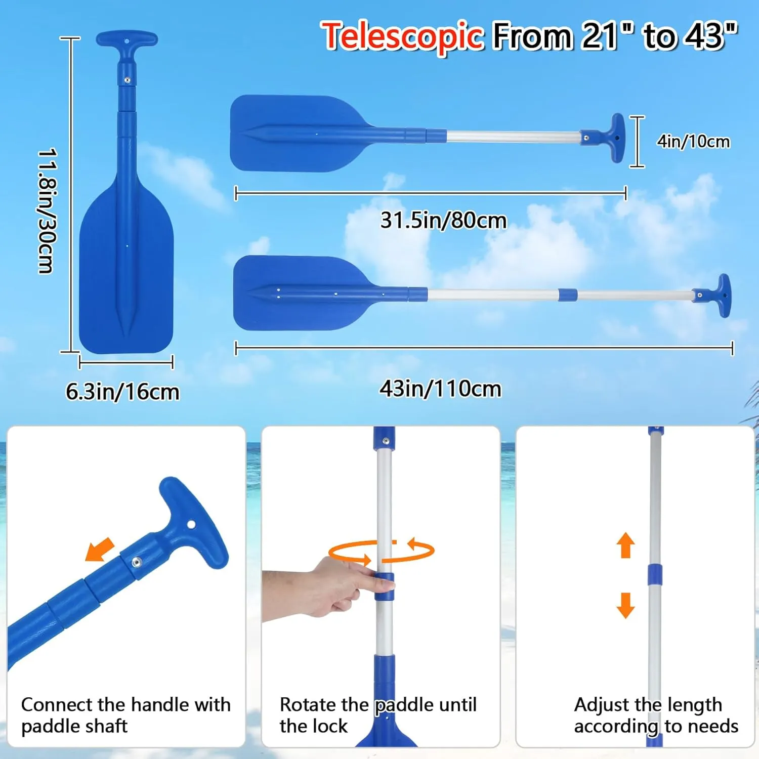 DEDU Boat Paddle Telescoping 2 Pack, Boat Oars Collapsible Emergency Paddle 21"-43" Adjustable, Telescoping Canoe Paddle Aluminum Shaft Anti Slip for Kids and Adults