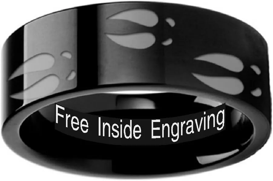DEER TRACK Animal Track Deer Hoof Print Inside Engraved Flat Black Tungsten Ring 6mm Wide Wedding Band with Custom Inside Engraved Personalized