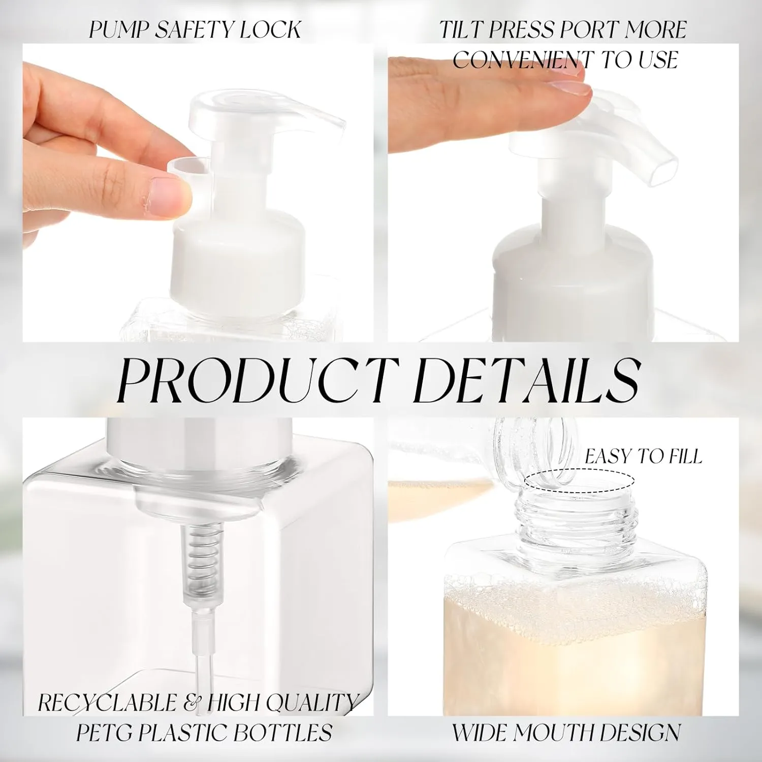 Domensi 12 Pcs Foam Pump Bottle Foaming Soap Dispenser Empty Travel Foaming Dispenser 8.5 oz Refillable Hand Soap Plastic Pump Bottle Travel Essentials Clear Container for Bathroom Vanities (White)
