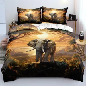 Elephant Fitted Bed Sheets Set King Size with A Pillow Cases Standard Size, Fitted Flat Sheet For Kids Girls Teens Adult Bedroom Decor, African Animal Bed Sheets Floral and Sun set Bedding Decor Set