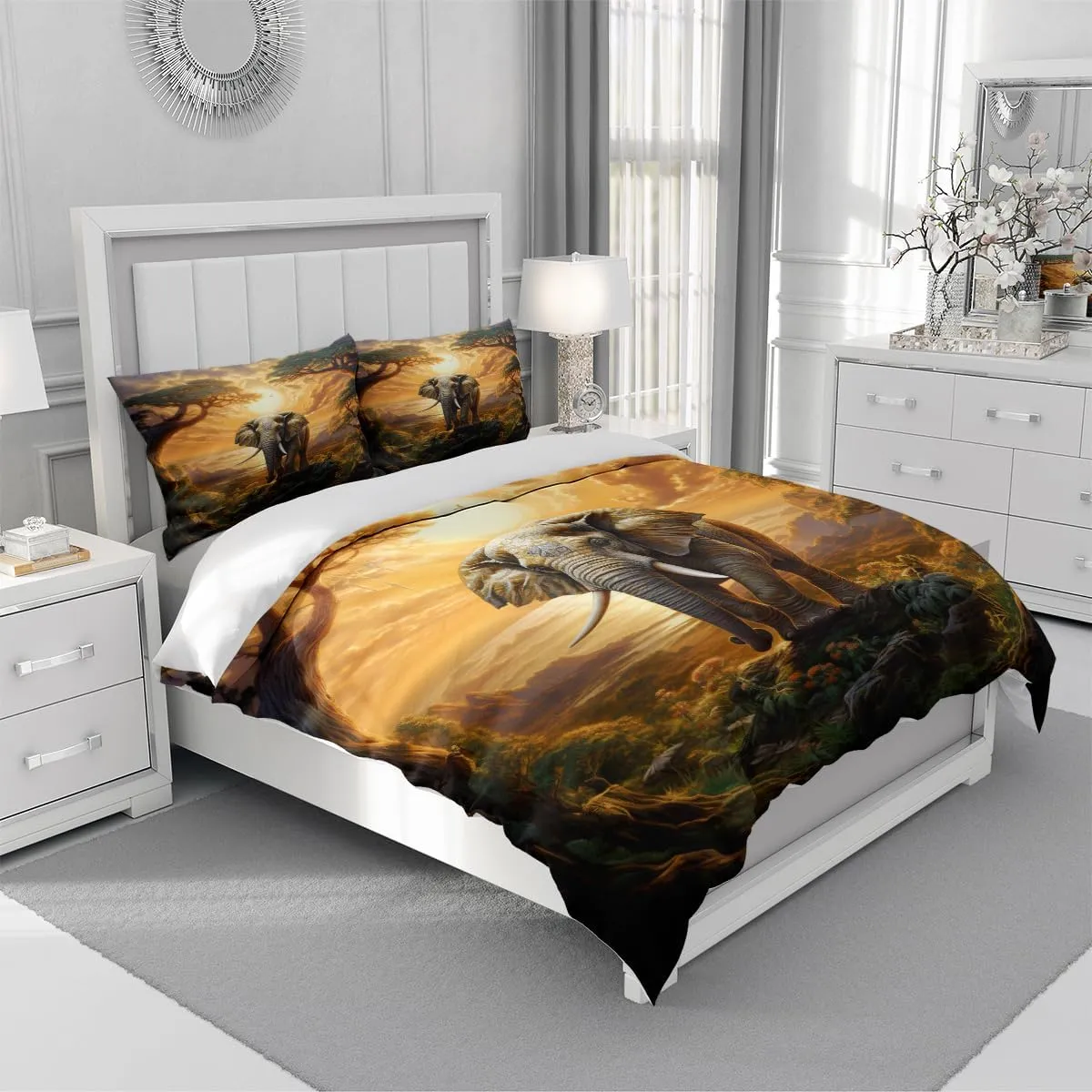 Elephant Fitted Bed Sheets Set King Size with A Pillow Cases Standard Size, Fitted Flat Sheet For Kids Girls Teens Adult Bedroom Decor, African Animal Bed Sheets Floral and Sun set Bedding Decor Set