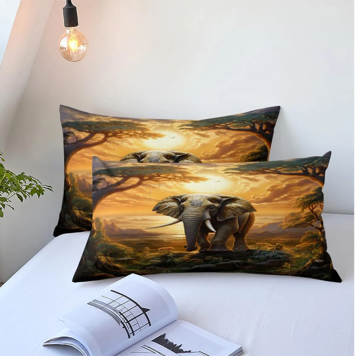 Elephant Fitted Bed Sheets Set King Size with A Pillow Cases Standard Size, Fitted Flat Sheet For Kids Girls Teens Adult Bedroom Decor, African Animal Bed Sheets Floral and Sun set Bedding Decor Set