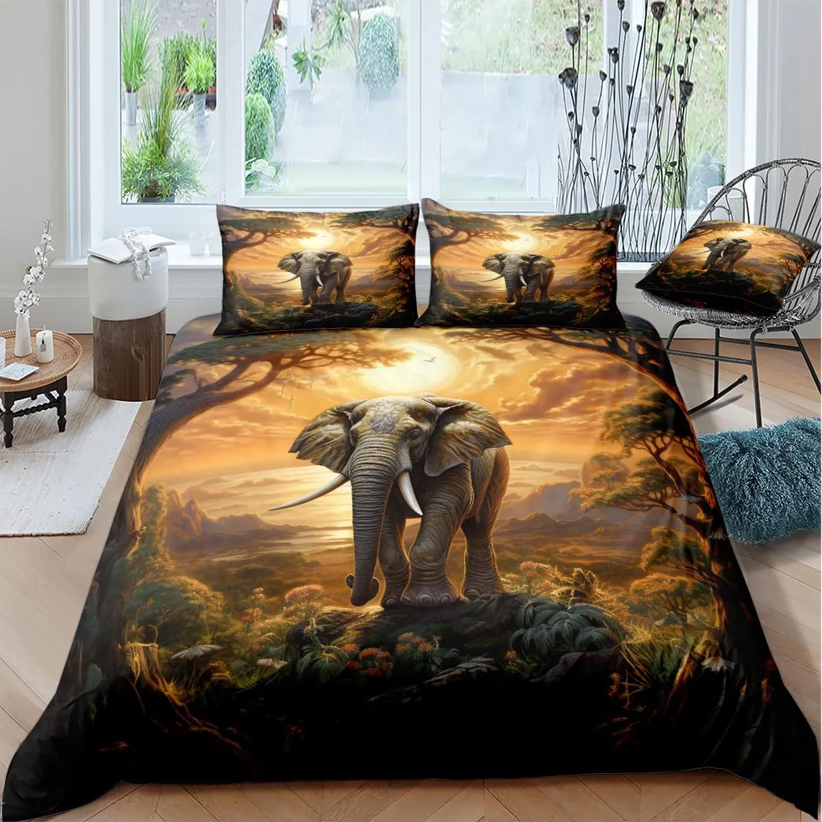 Elephant Fitted Bed Sheets Set King Size with A Pillow Cases Standard Size, Fitted Flat Sheet For Kids Girls Teens Adult Bedroom Decor, African Animal Bed Sheets Floral and Sun set Bedding Decor Set