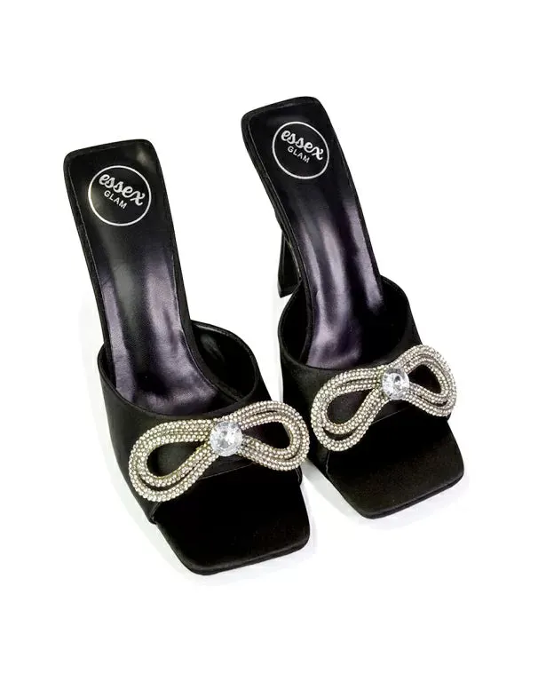 Elsa Diamante Bow Square Toe Stiletto High Heeled Mule Sandals in Gold