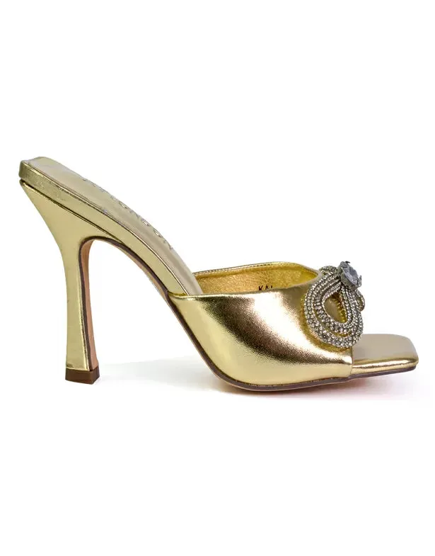 Elsa Diamante Bow Square Toe Stiletto High Heeled Mule Sandals in Gold
