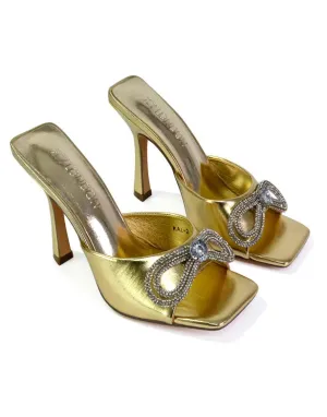 Elsa Diamante Bow Square Toe Stiletto High Heeled Mule Sandals in Gold