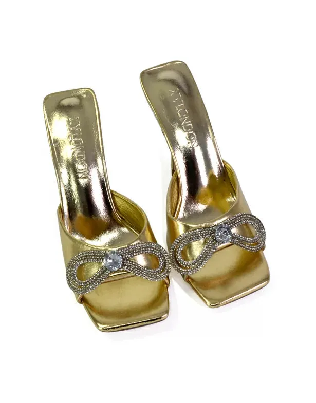 Elsa Diamante Bow Square Toe Stiletto High Heeled Mule Sandals in Gold