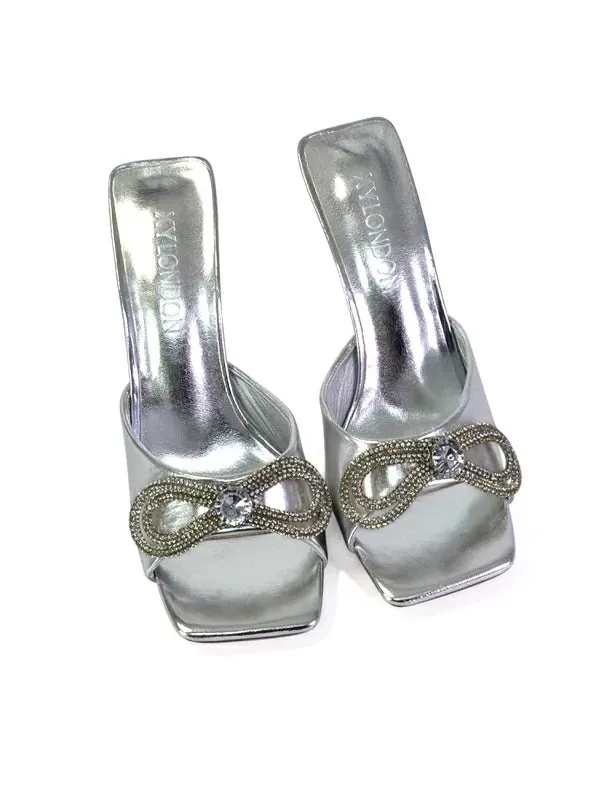 Elsa Diamante Bow Square Toe Stiletto High Heeled Mule Sandals in Gold