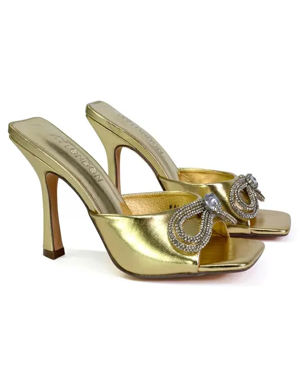 Elsa Diamante Bow Square Toe Stiletto High Heeled Mule Sandals in Gold