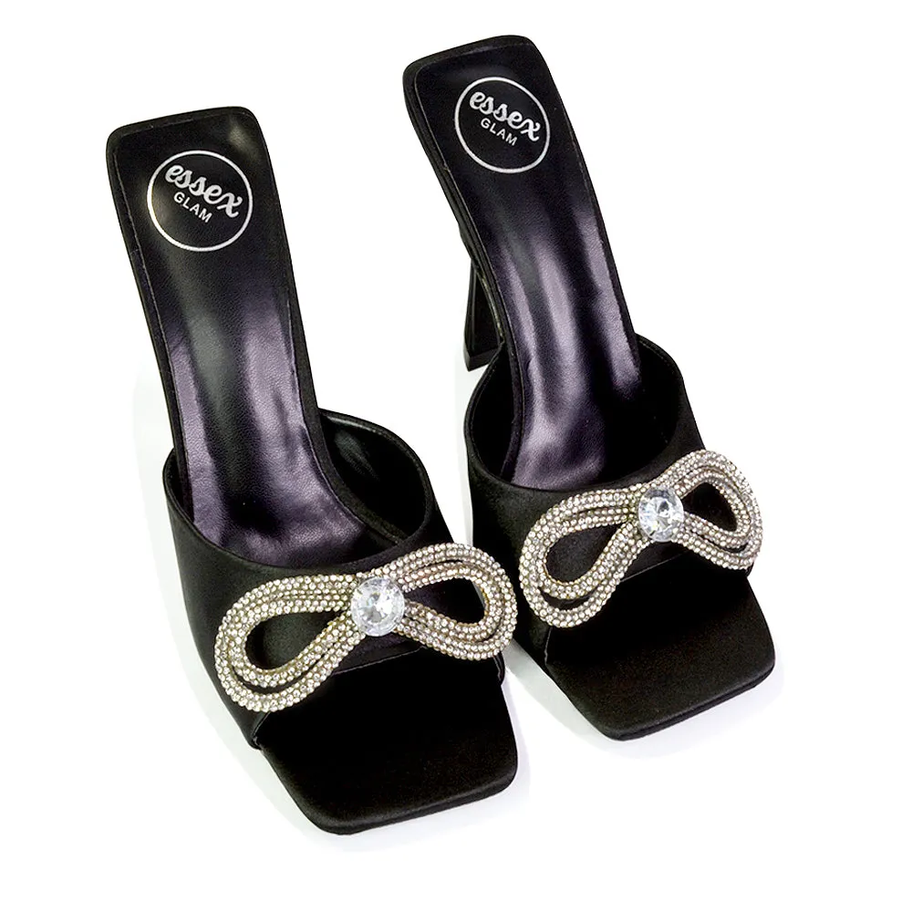 Elsa Diamante Bow Square Toe Stiletto High Heeled Mule Sandals in Gold