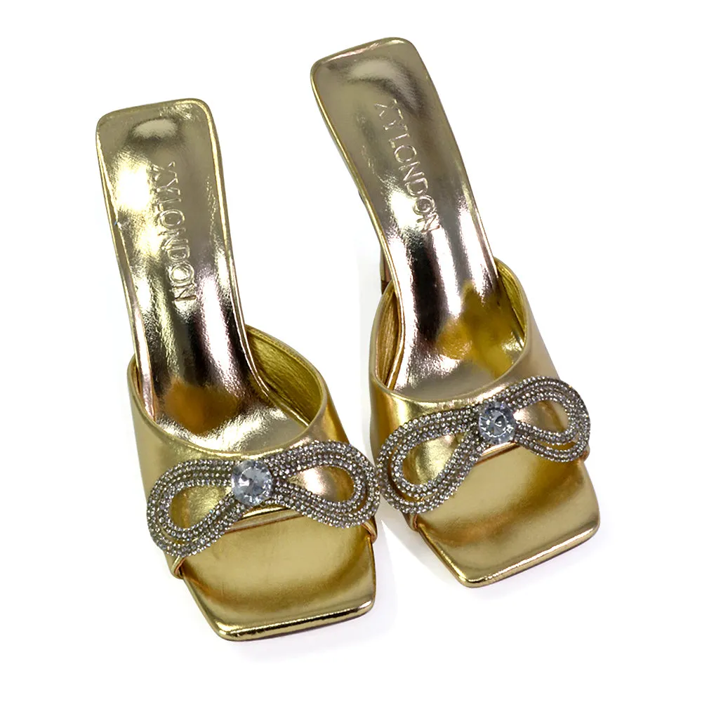 Elsa Diamante Bow Square Toe Stiletto High Heeled Mule Sandals in Gold