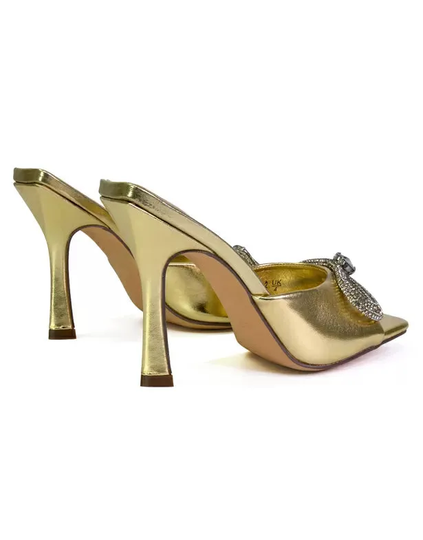 Elsa Diamante Bow Square Toe Stiletto High Heeled Mule Sandals in Gold