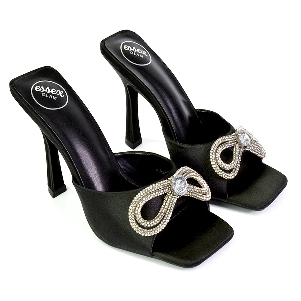 Elsa Diamante Bow Square Toe Stiletto High Heeled Mule Sandals in Green