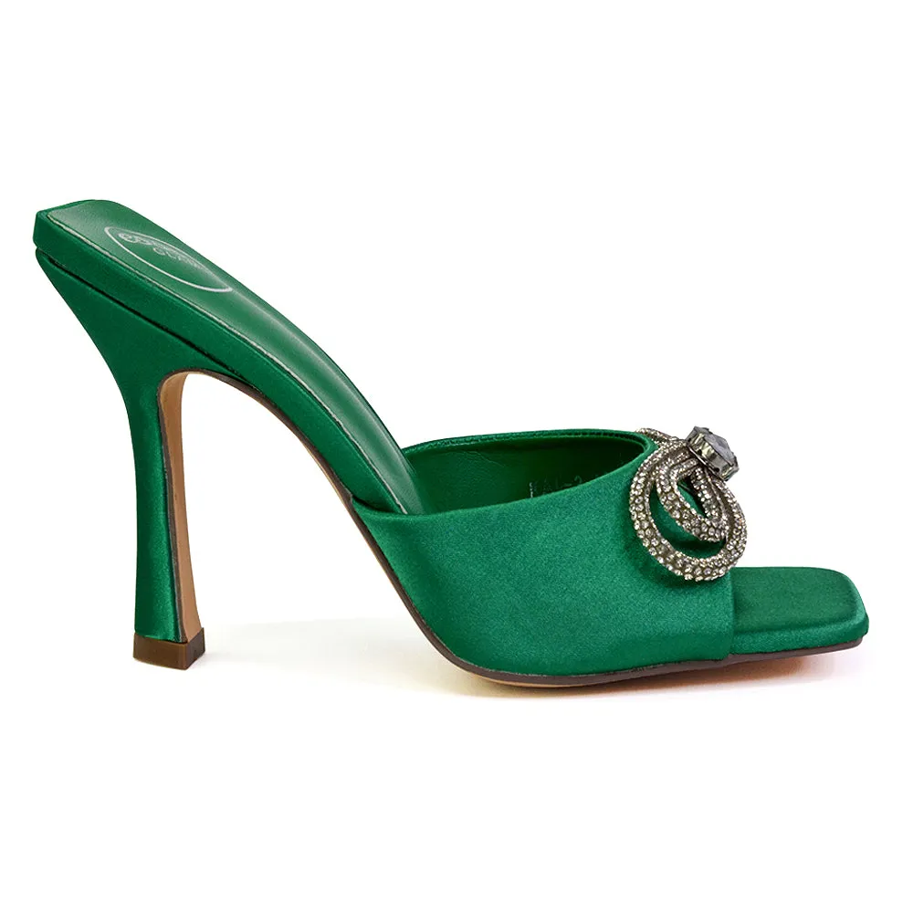 Elsa Diamante Bow Square Toe Stiletto High Heeled Mule Sandals in Green