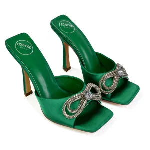 Elsa Diamante Bow Square Toe Stiletto High Heeled Mule Sandals in Green
