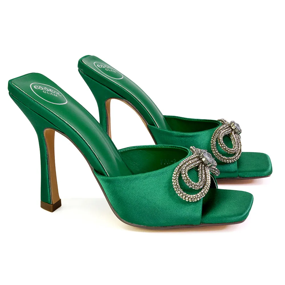 Elsa Diamante Bow Square Toe Stiletto High Heeled Mule Sandals in Green