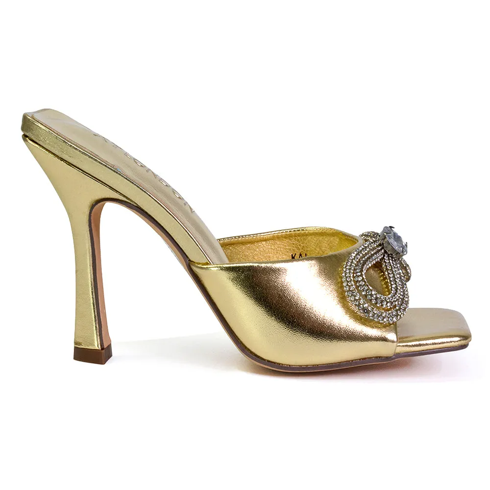 Elsa Diamante Bow Square Toe Stiletto High Heeled Mule Sandals in Green