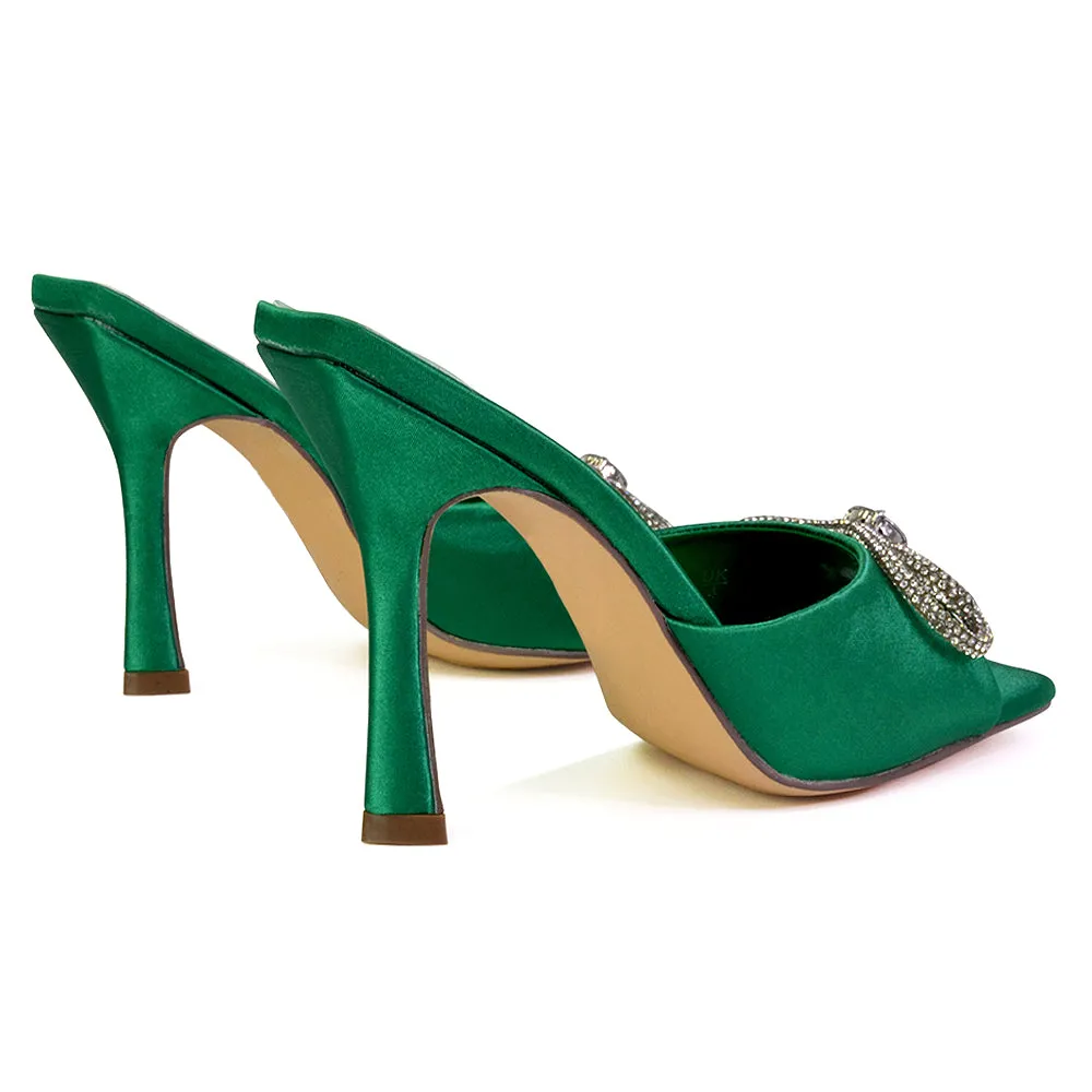 Elsa Diamante Bow Square Toe Stiletto High Heeled Mule Sandals in Green