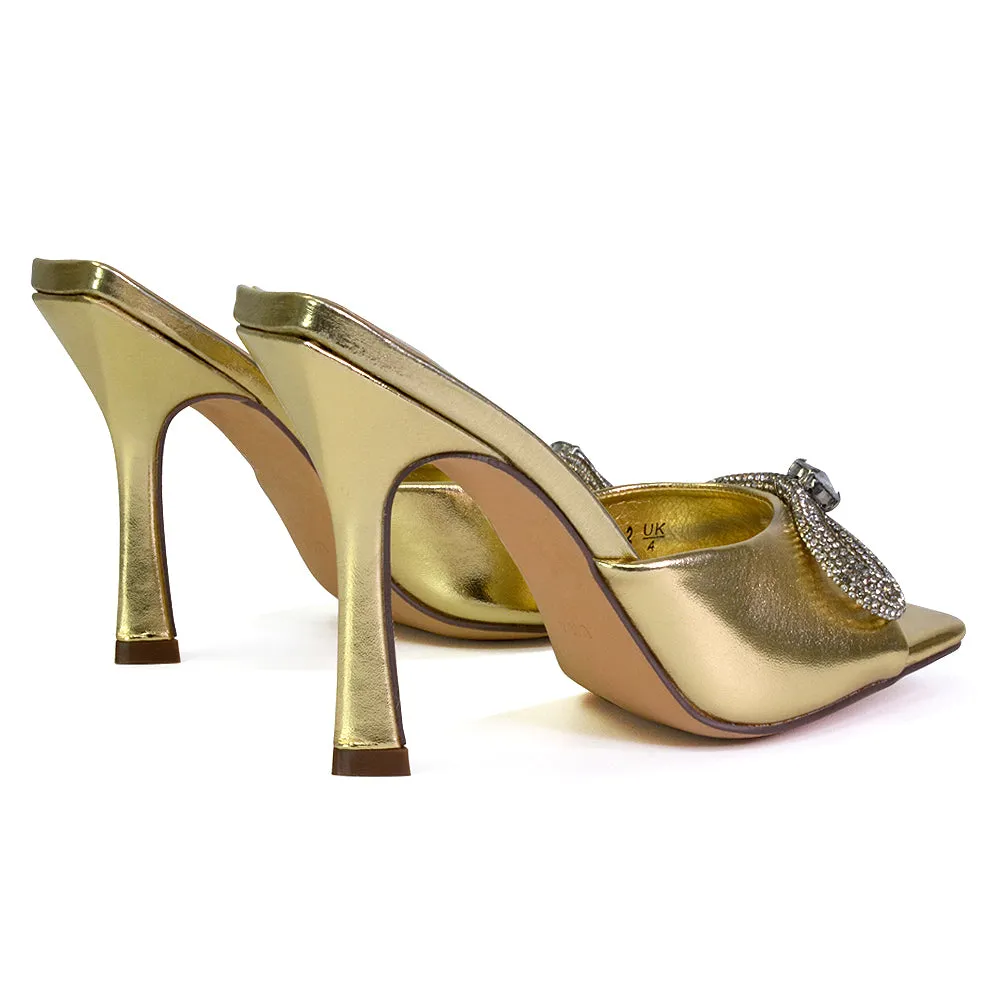 Elsa Diamante Bow Square Toe Stiletto High Heeled Mule Sandals in Green