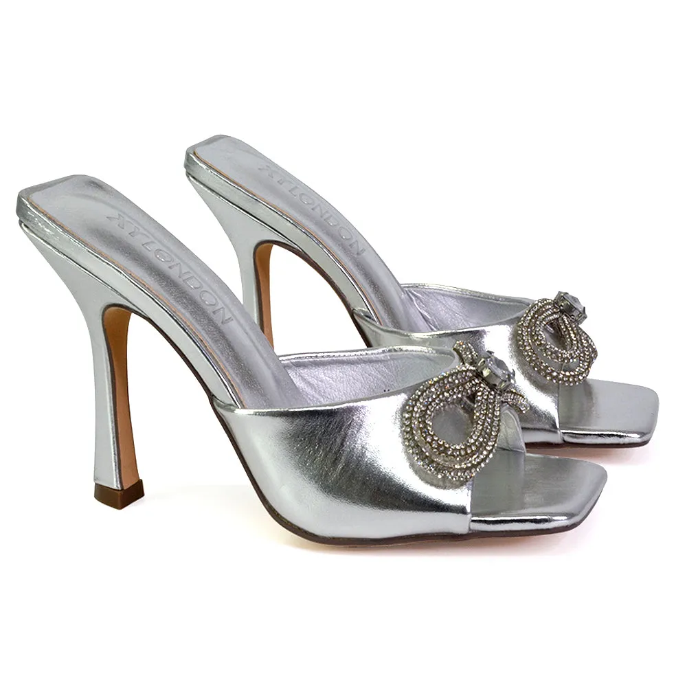 Elsa Diamante Bow Square Toe Stiletto High Heeled Mule Sandals in Green