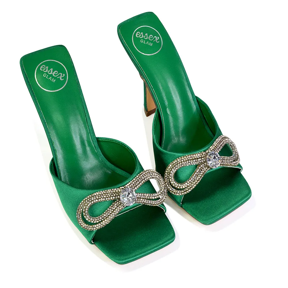 Elsa Diamante Bow Square Toe Stiletto High Heeled Mule Sandals in Green