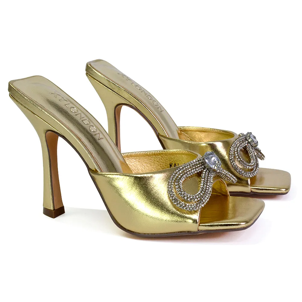 Elsa Diamante Bow Square Toe Stiletto High Heeled Mule Sandals in Green