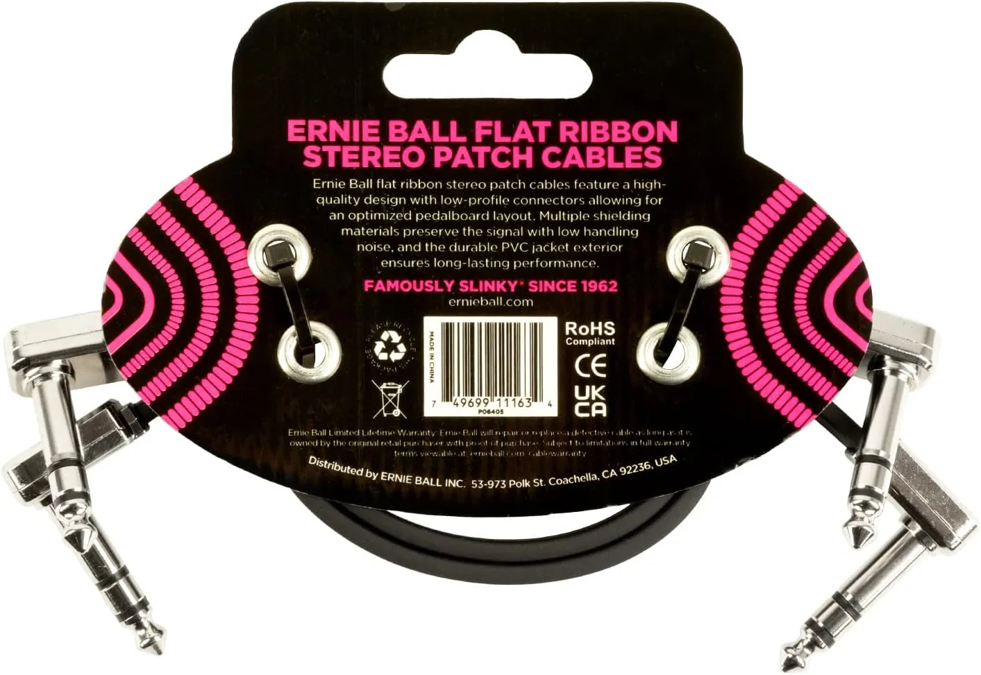 Ernie Ball Flat Ribbon Stereo Patch Cable 2-Pack, 12in Black (P06405)