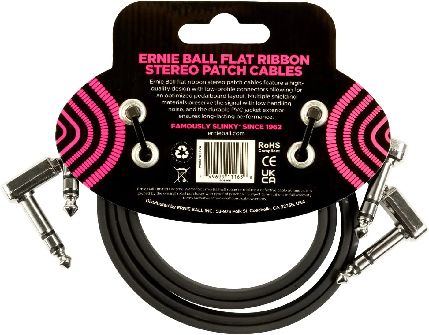 Ernie Ball Flat Ribbon Stereo Patch Cable 2-Pack, 24in Black (P06406)