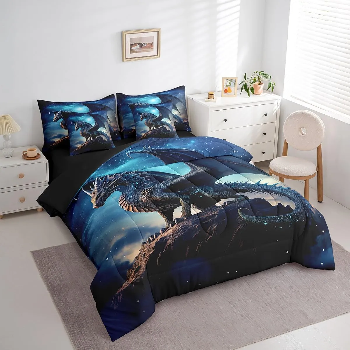 Erosebridal Magic Dragon Bed in a Bag Magical Dinosaur Bedding Set Toddler Bed, 3D Pterosaur Queen Comforter Set 7-Piece Blue Galaxy Bedding Comforter Sets, Starry Sky Bed Sheets Set for All Seasons