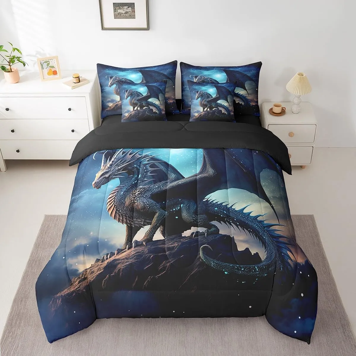 Erosebridal Magic Dragon Bed in a Bag Magical Dinosaur Bedding Set Toddler Bed, 3D Pterosaur Queen Comforter Set 7-Piece Blue Galaxy Bedding Comforter Sets, Starry Sky Bed Sheets Set for All Seasons