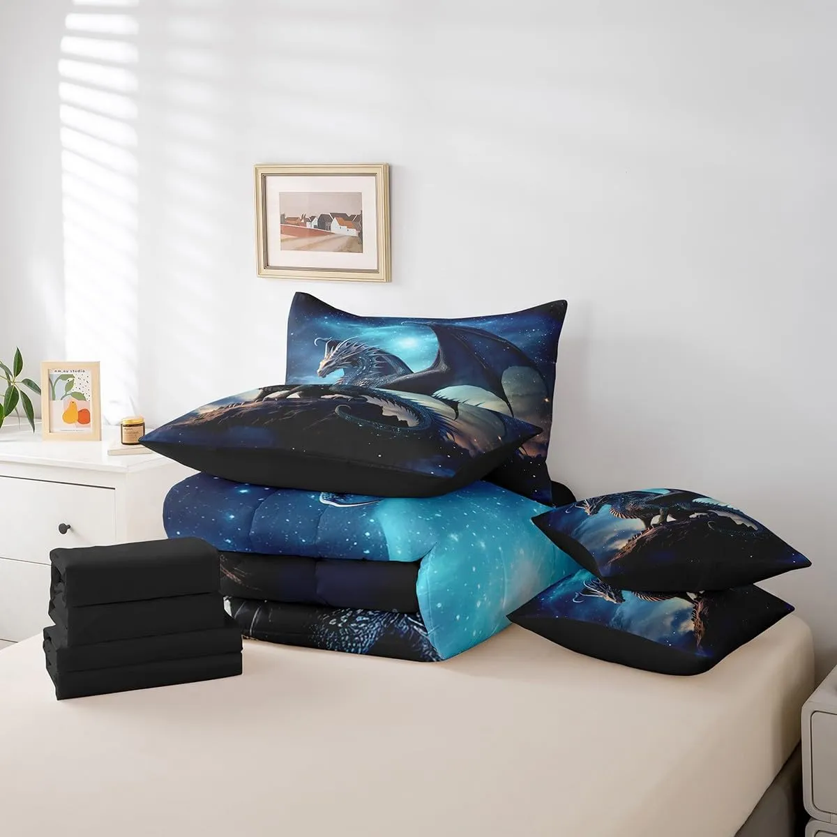 Erosebridal Magic Dragon Bed in a Bag Magical Dinosaur Bedding Set Toddler Bed, 3D Pterosaur Queen Comforter Set 7-Piece Blue Galaxy Bedding Comforter Sets, Starry Sky Bed Sheets Set for All Seasons