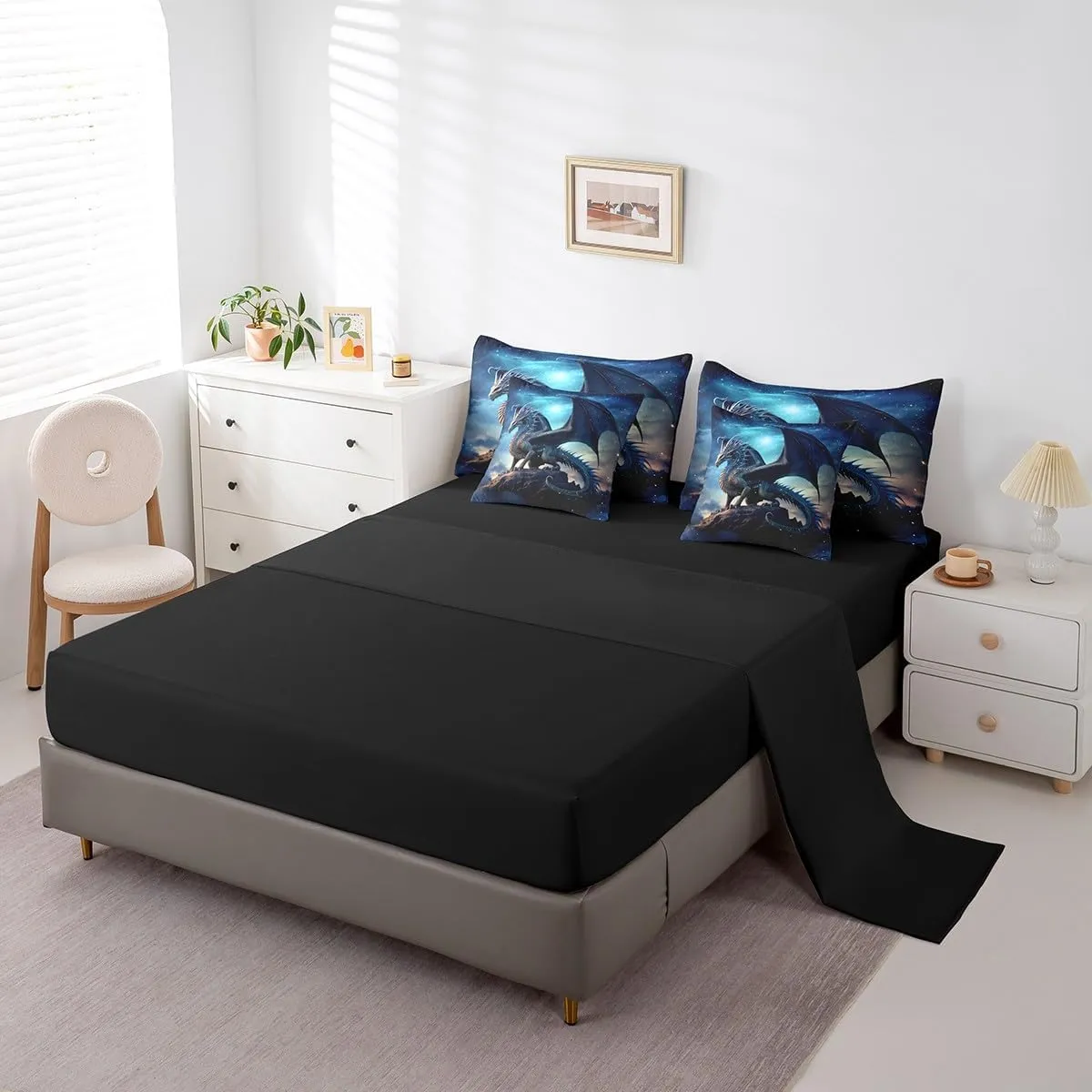 Erosebridal Magic Dragon Bed in a Bag Magical Dinosaur Bedding Set Toddler Bed, 3D Pterosaur Queen Comforter Set 7-Piece Blue Galaxy Bedding Comforter Sets, Starry Sky Bed Sheets Set for All Seasons