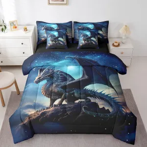 Erosebridal Magic Dragon Bed in a Bag Magical Dinosaur Bedding Set Toddler Bed, 3D Pterosaur Queen Comforter Set 7-Piece Blue Galaxy Bedding Comforter Sets, Starry Sky Bed Sheets Set for All Seasons